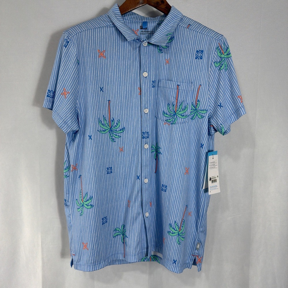 Saxx Resort Polo DropTemp Dry Palm Tree Stripe Blue Men's Large NWT